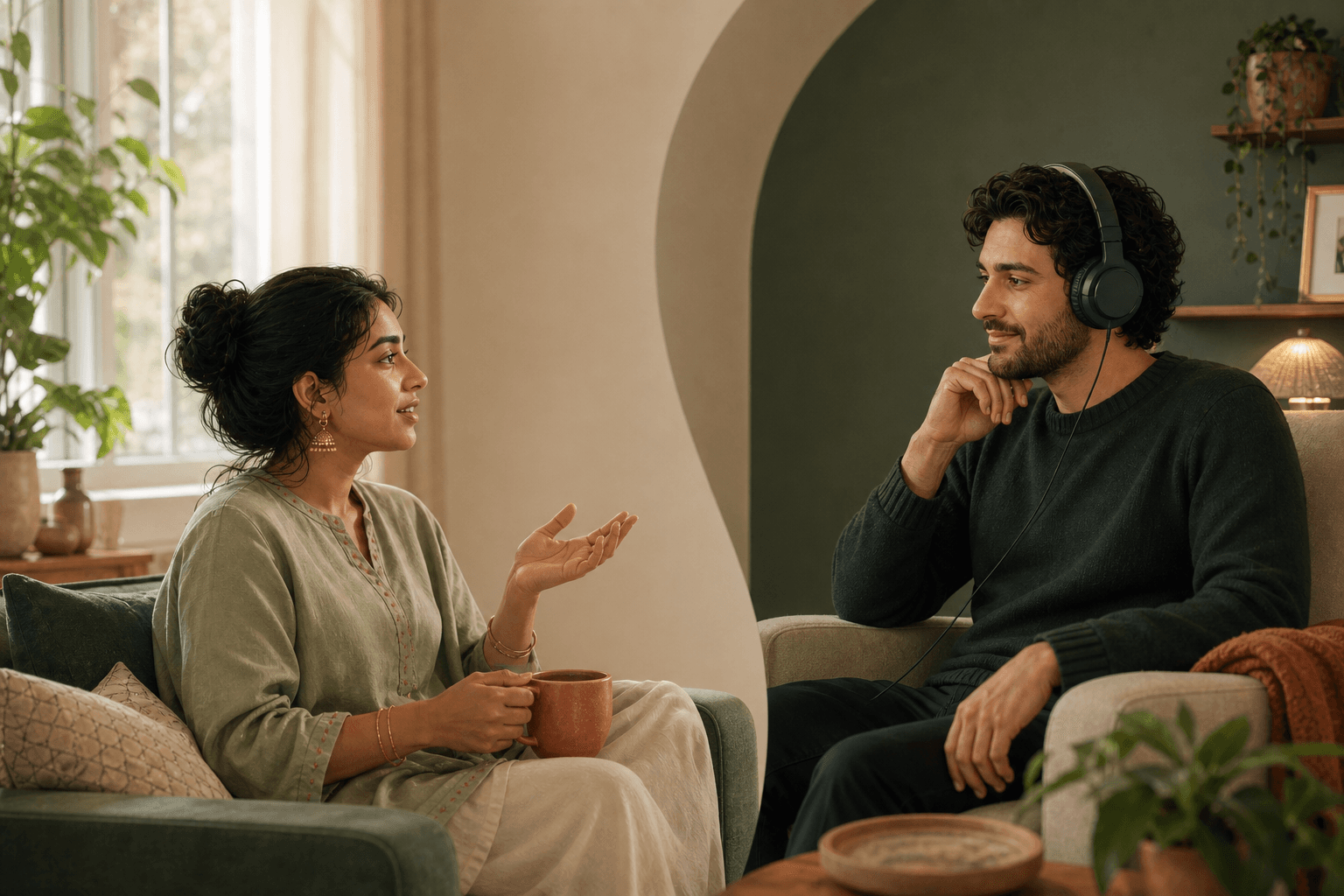 A woman speaking while a SafeEar listener gives her his full attention